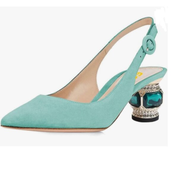 FSJ Turquoise Pointed Toe Slingback Chunky Low Heel Rhinestone Wedding Pumps - Picture 1 of 8